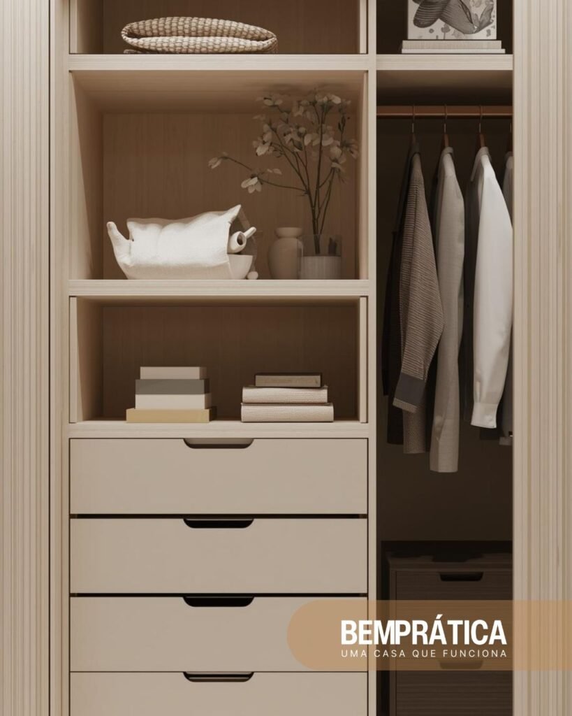 Quarto com um bom armário planejado, organizado por prateleiras e gavetas.