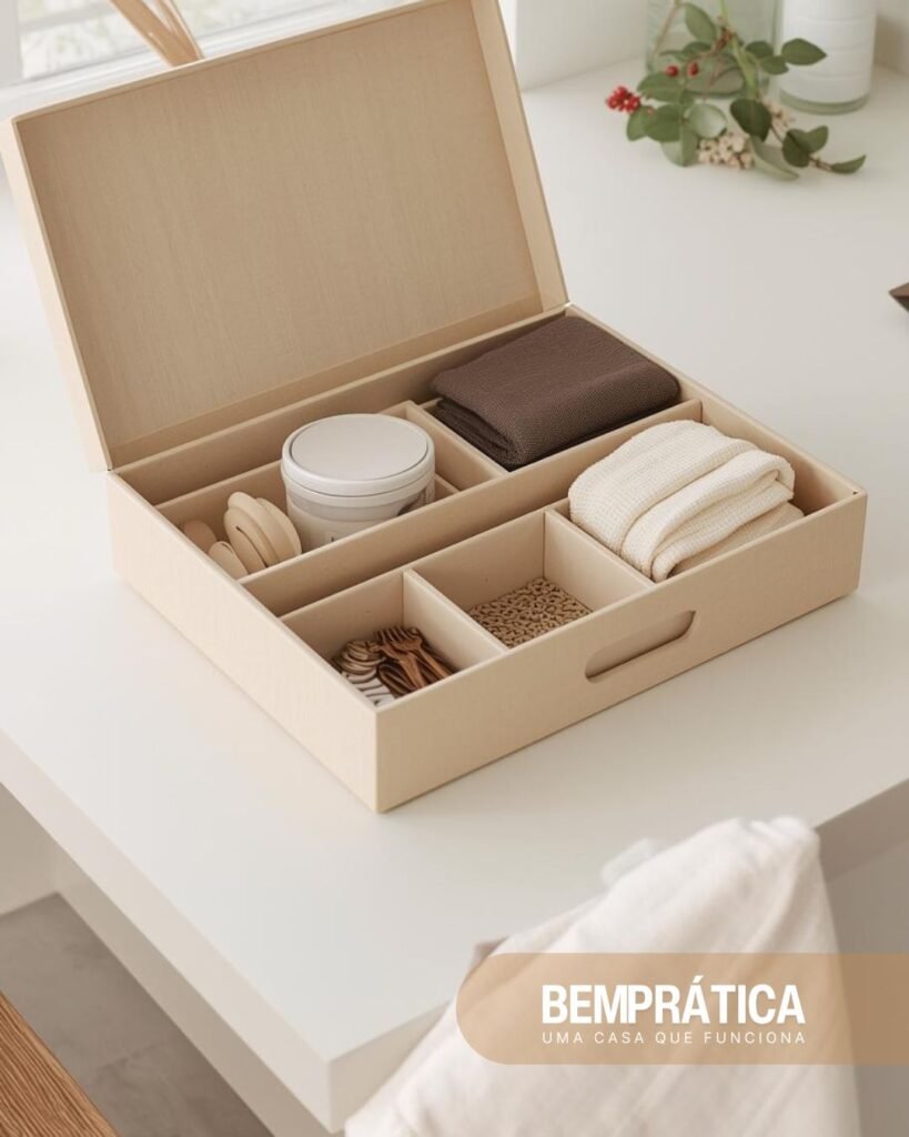 Caixa organizadora com itens dobrados que facilitam a rotina de forma prática
