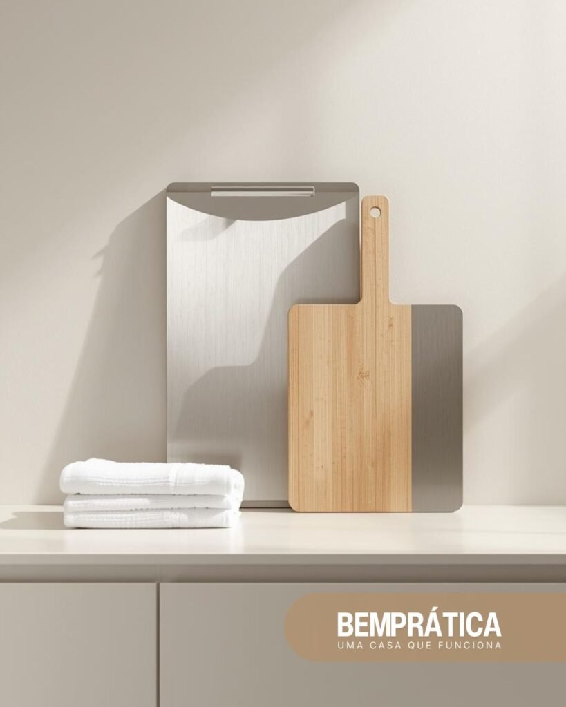 tábua de corte limpa e organizada em bancada de cozinha