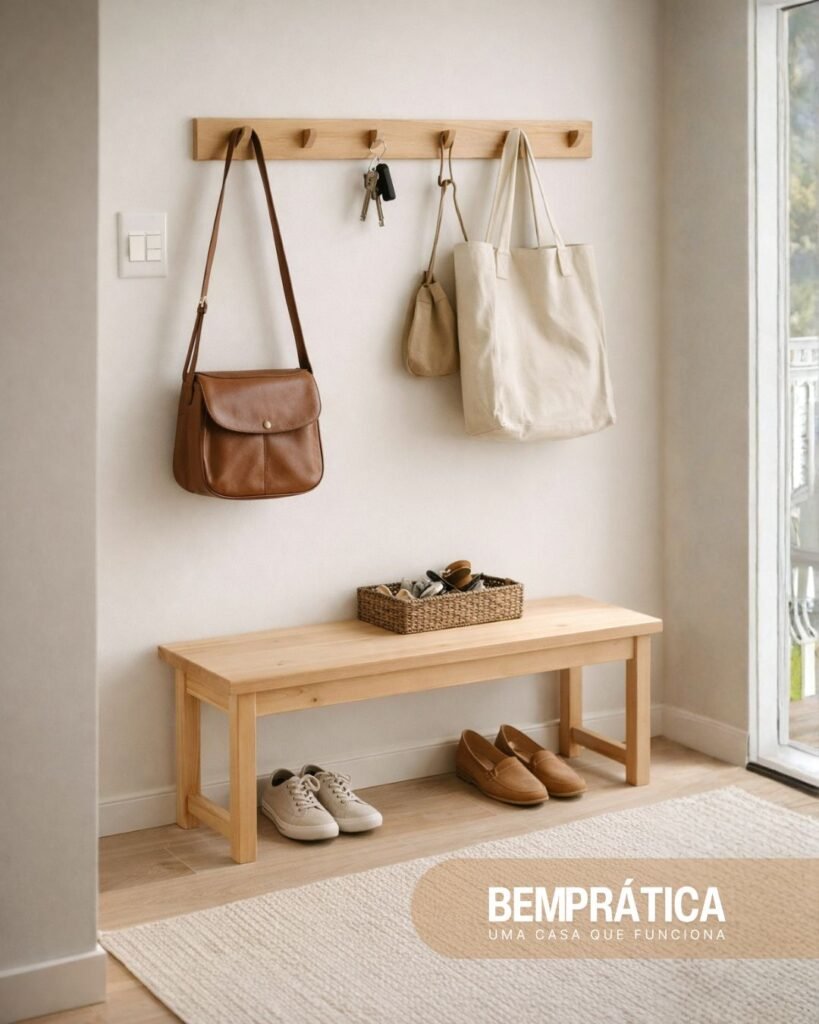 Hall de entrada organizado de forma funcional, com banco, ganchos e objetos do dia a dia, representando uma casa que funciona na rotina real.