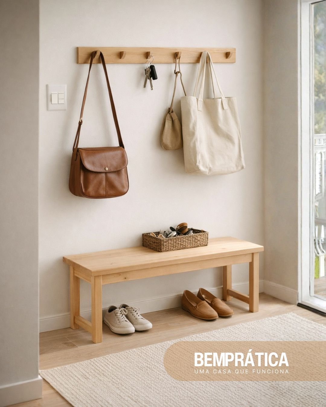 Hall de entrada organizado de forma funcional, com banco, ganchos e objetos do dia a dia, representando uma casa que funciona na rotina real.